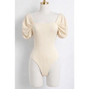 Free People Romantic Ribbed Ruched puff sleeves Cream Bodysuit Women Med